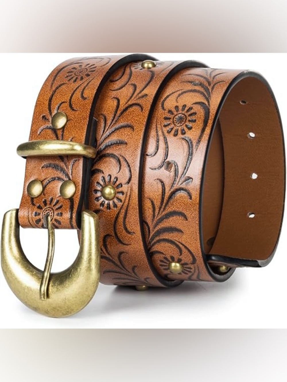 Brown Women’s Floral Embossed PU Leather Belt with Gold Tone Buckle